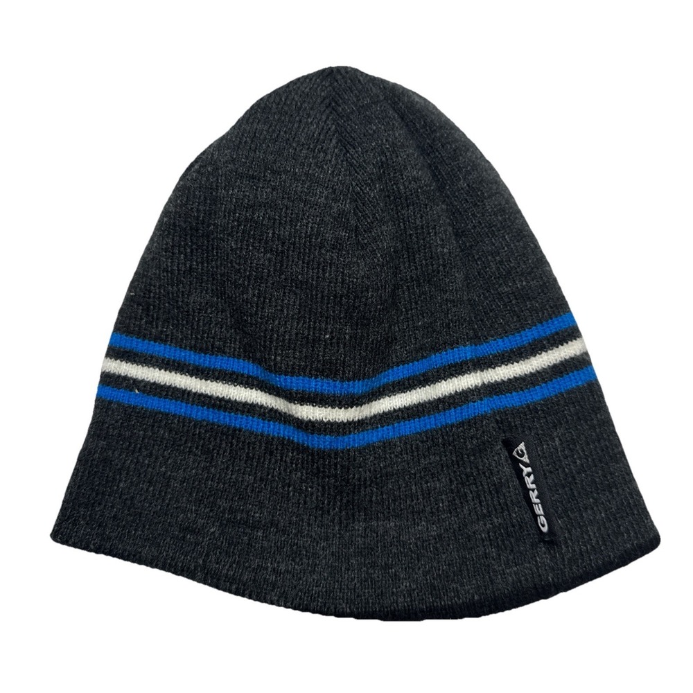 Gerry Mens Knit Beanie Hat Charcoal Gray Blue White Striped Skull Cap‎ One Size